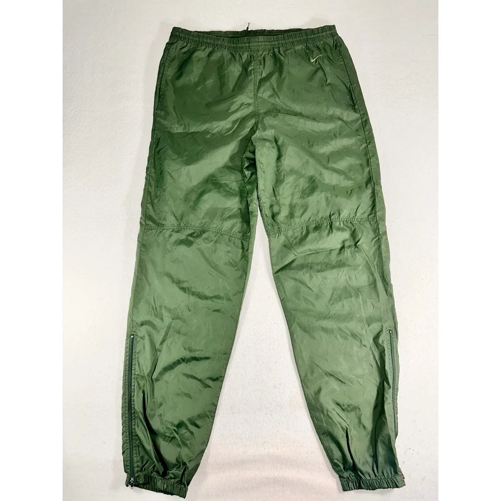 Nike Men's M Green Nylon Track Pants Drawstring Elastic Waist Zip Pockets Solid